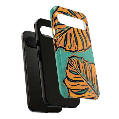 Tropical Leaf Tough Phone Case — Orange Monstera Design on Teal