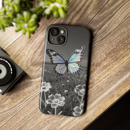 Butterfly Field Tough Phone Case — Pastel Holographic Butterfly on Black & White Floral Background