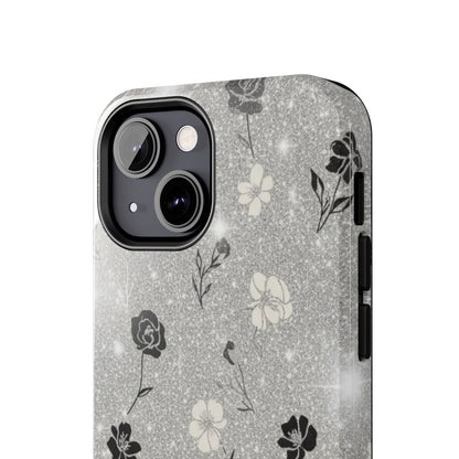 Floral Glitter Tough Phone Case — Black & Silver Vintage Flower Protective Cover