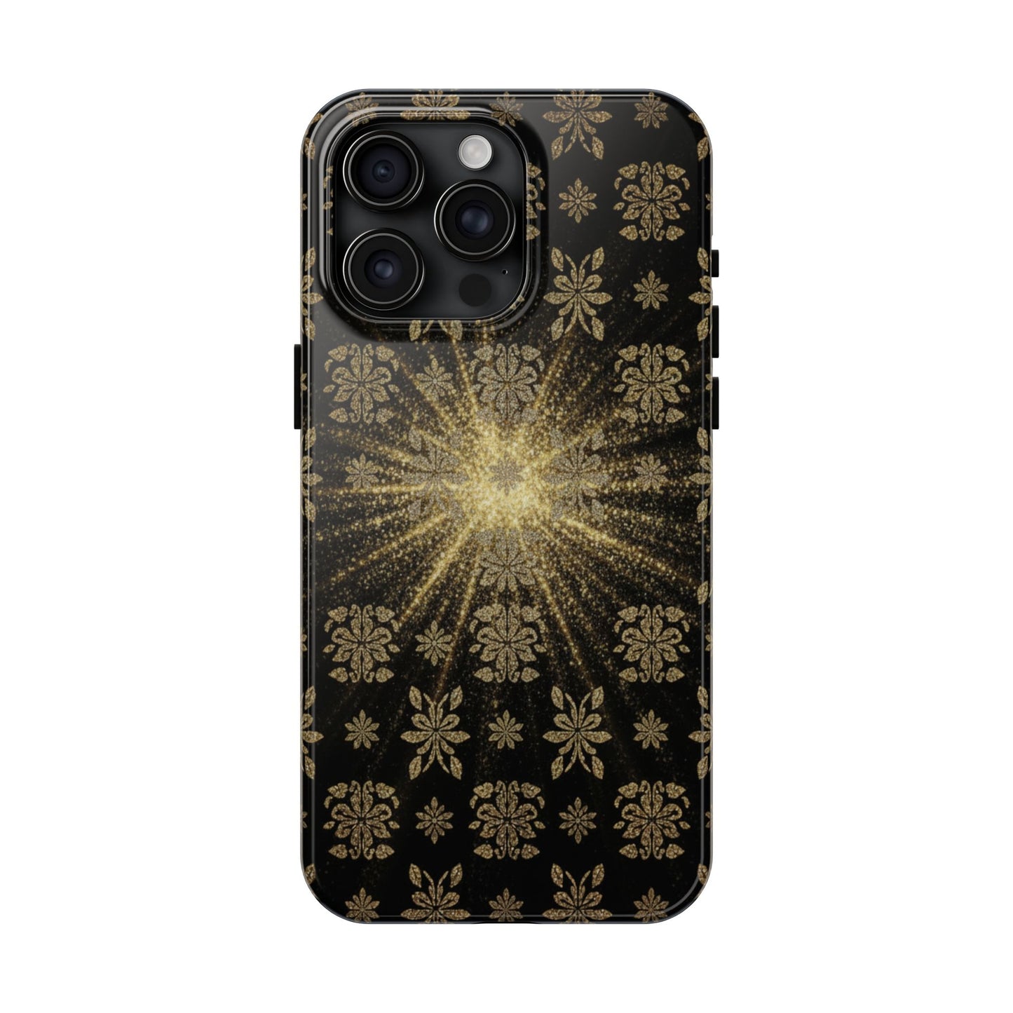 Glitter Burst Tough Phone Case — Black & Gold Floral Protective Cover