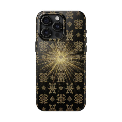 Glitter Burst Tough Phone Case — Black & Gold Floral Protective Cover
