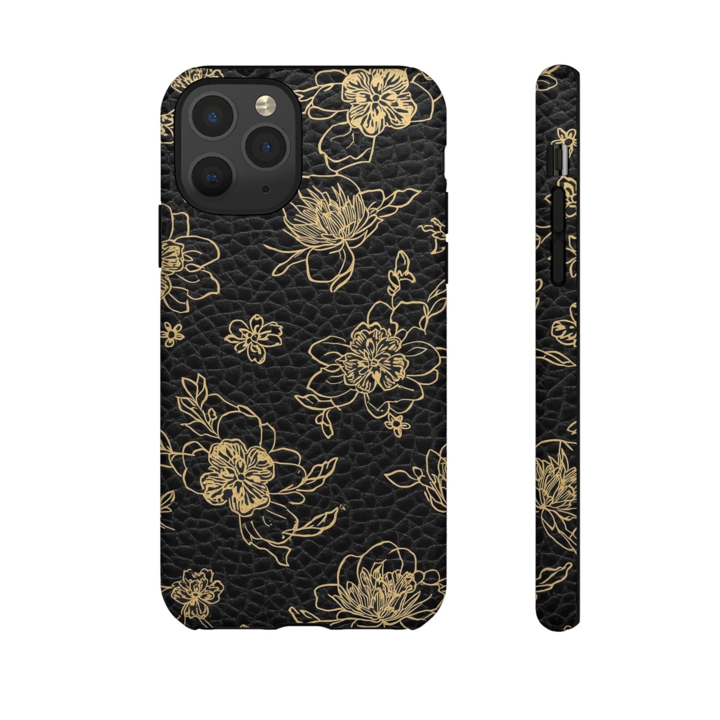 Floral Leather Phone Case — Gold Outline Flowers on Black Tough Case