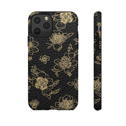 Floral Leather Phone Case — Gold Outline Flowers on Black Tough Case