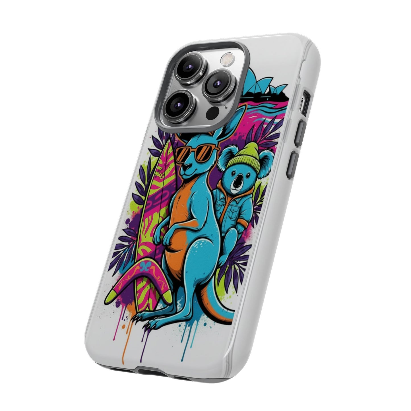 Kangaroo & Koala Surf Phone Case — Retro Neon Beach Art Tough Case