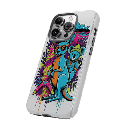 Kangaroo & Koala Surf Phone Case — Retro Neon Beach Art Tough Case