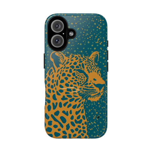 Leopard Print Tough Phone Case — Gold Panther on Teal, Protective iPhone Cover