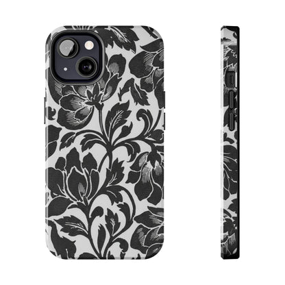 Tough Phone Case — Black & White Vintage Floral Protective Cover