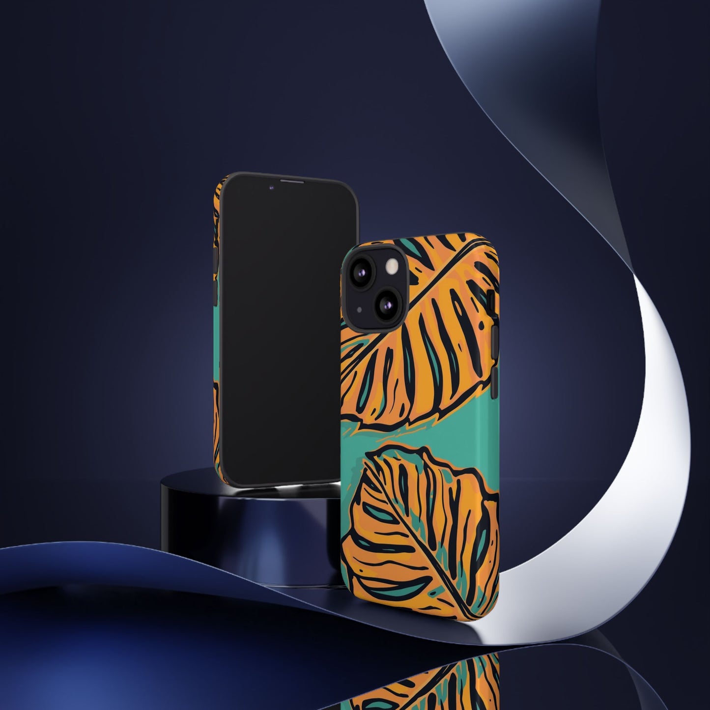 Tropical Leaf Tough Phone Case — Orange Monstera Design on Teal