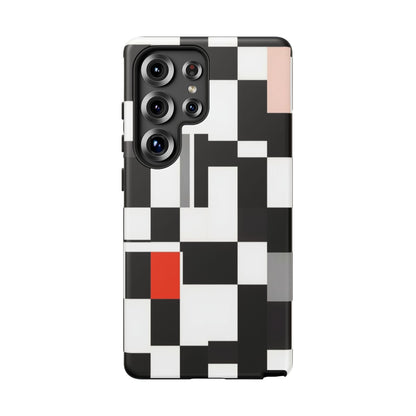 Abstract Geometric Phone Case – Black & White Checker Grid with Red Accent