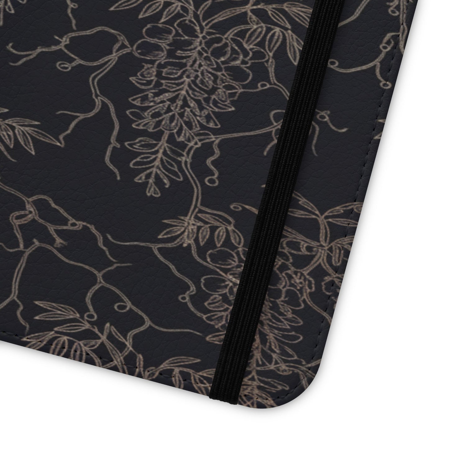 Botanical Noir Flip Phone Case — Dark Floral Wallet Cover with Card Slots