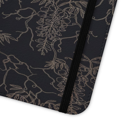 Botanical Noir Flip Phone Case — Dark Floral Wallet Cover with Card Slots