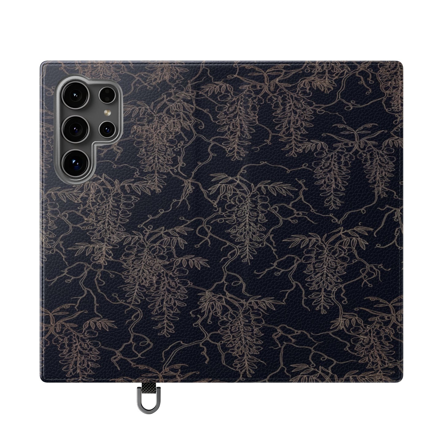 Botanical Noir Flip Phone Case — Dark Floral Wallet Cover with Card Slots