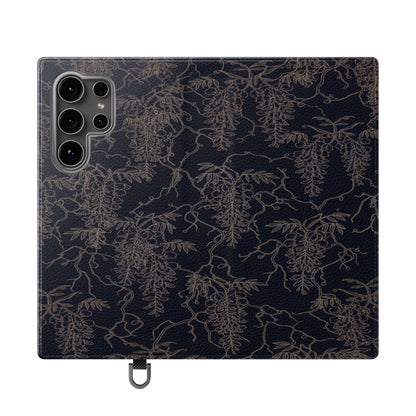 Botanical Noir Flip Phone Case — Dark Floral Wallet Cover with Card Slots