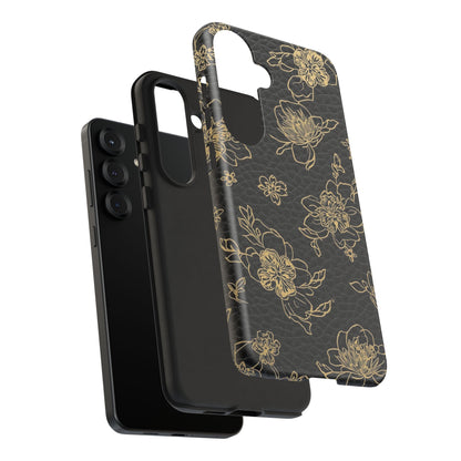 Floral Leather Phone Case — Gold Outline Flowers on Black Tough Case