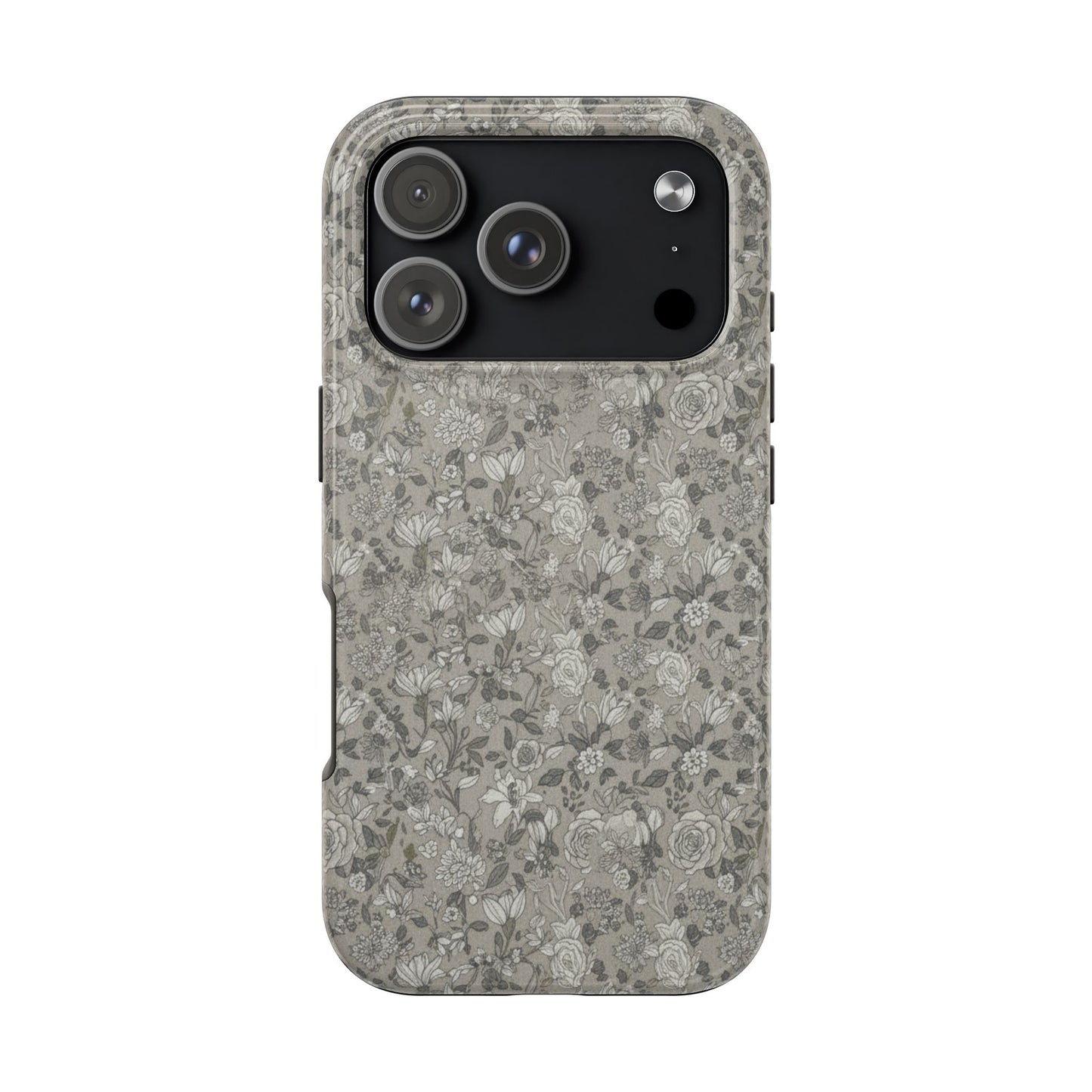 Gray Floral Tough Phone Case — Durable Protective Phone Cover with Vintage Botanical Pattern
