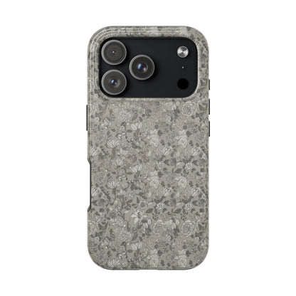 Gray Floral Tough Phone Case — Durable Protective Phone Cover with Vintage Botanical Pattern