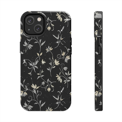 Floral Noir Tough Phone Case — Vintage Black Botanical Protective Cover