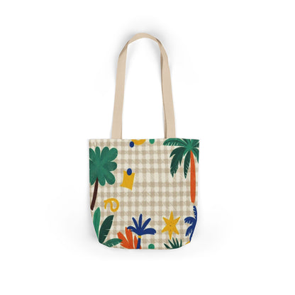 Tropical Gingham Canvas Tote — Palm Trees & Colorful Flora