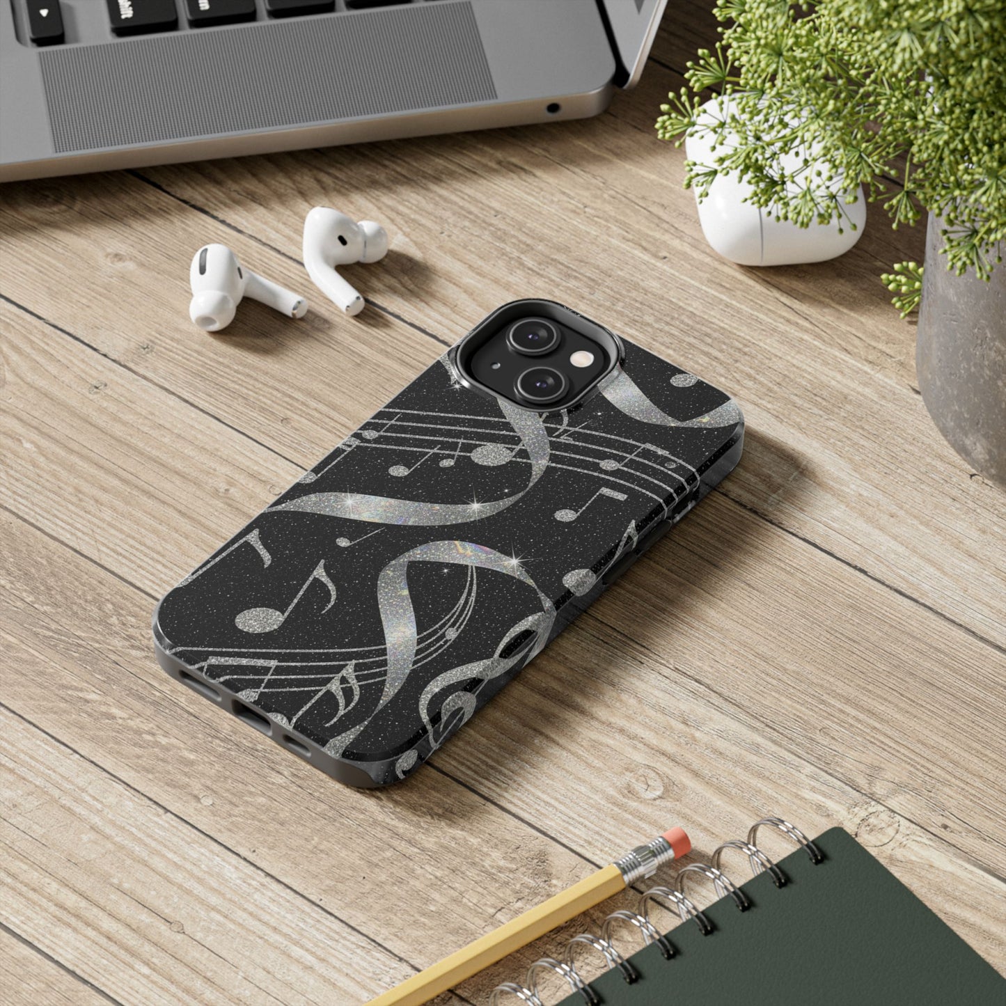 Musical Notes Tough Phone Case – Glitter Black Musician Phone Cover