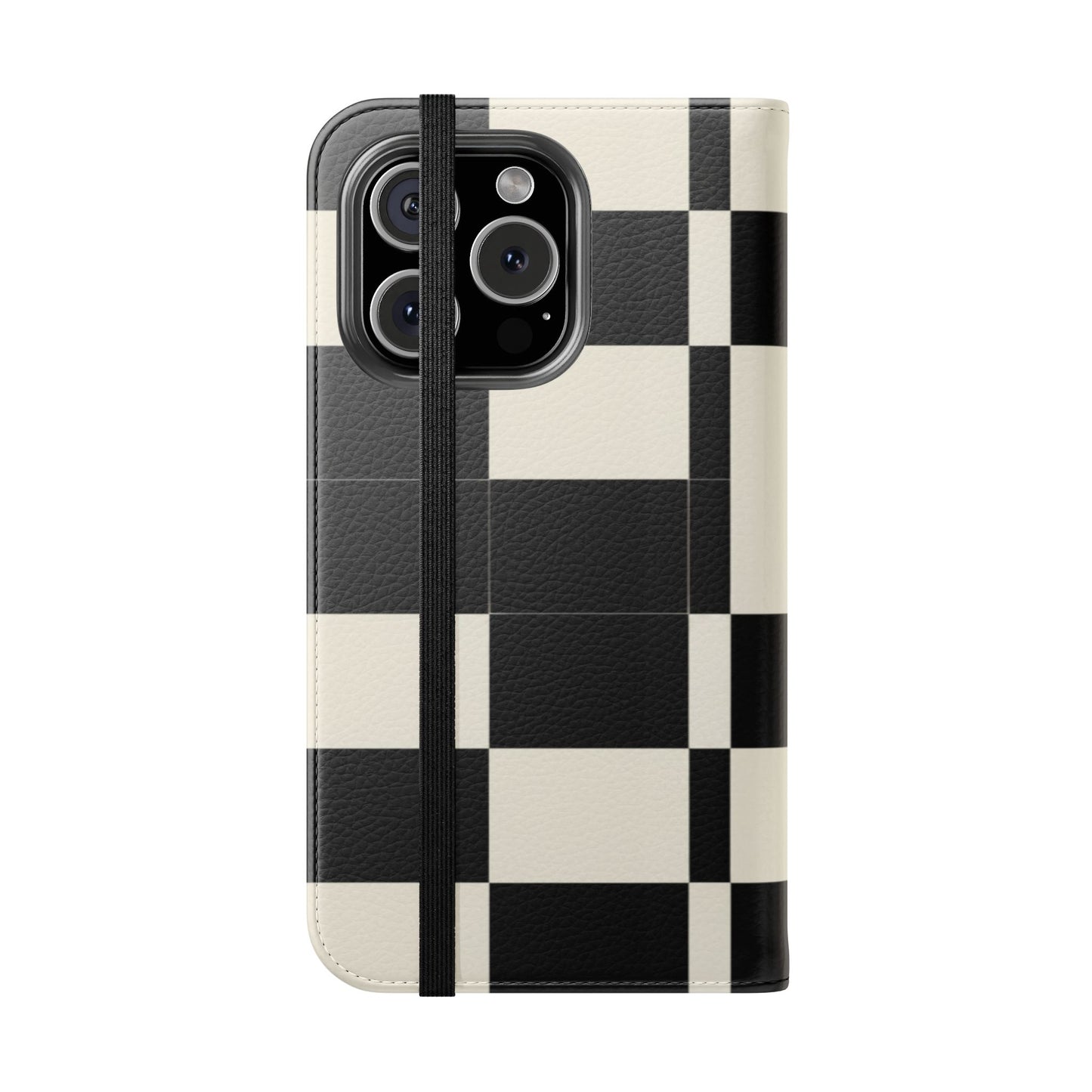 Checkered Flip Phone Case – Black & Cream Retro Grid Wallet Case
