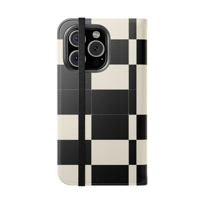 Checkered Flip Phone Case – Black & Cream Retro Grid Wallet Case
