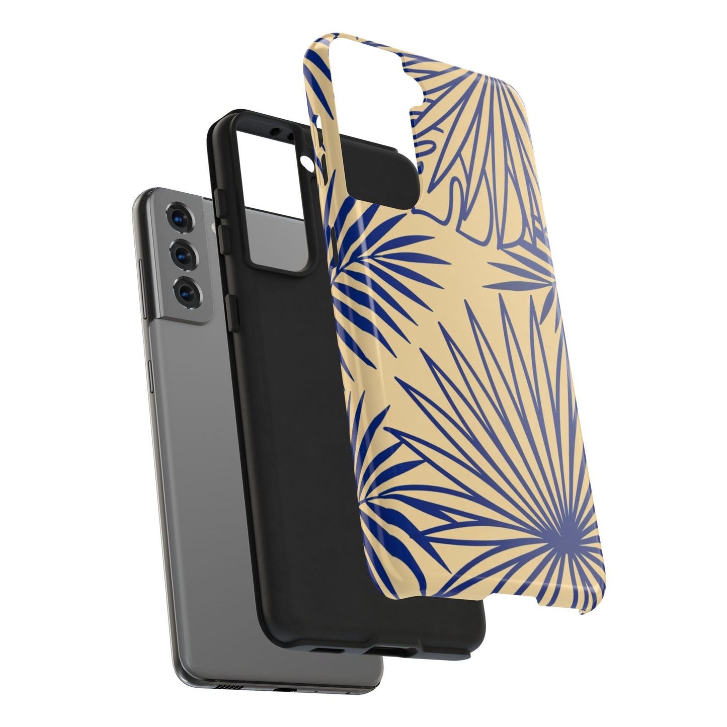 Tropical Palm Pattern Tough Phone Case — Navy Blue Fan Leaves on Sand
