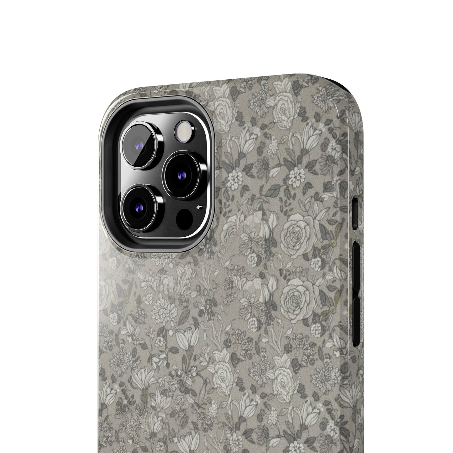 Gray Floral Tough Phone Case — Durable Protective Phone Cover with Vintage Botanical Pattern