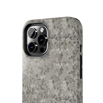 Gray Floral Tough Phone Case — Durable Protective Phone Cover with Vintage Botanical Pattern
