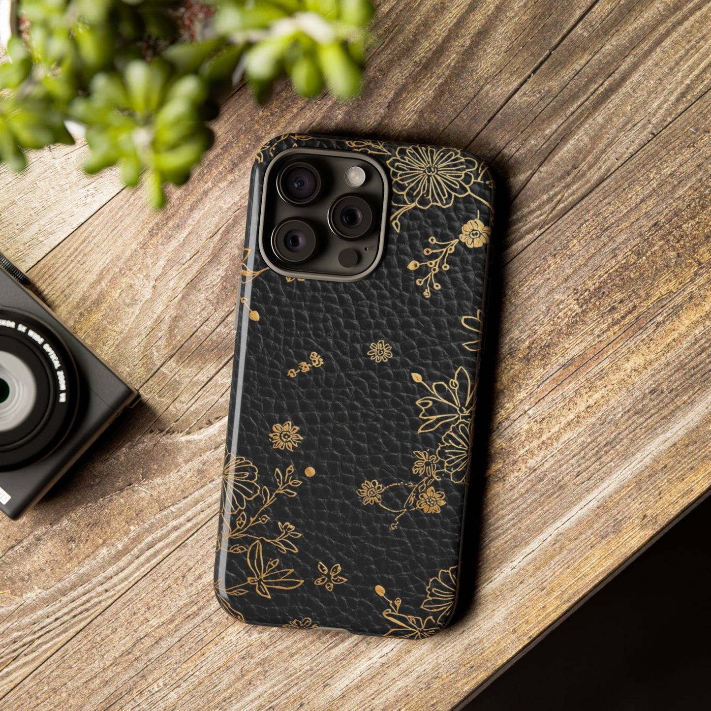 Floral Gold Foil Leather Texture Tough Phone Case