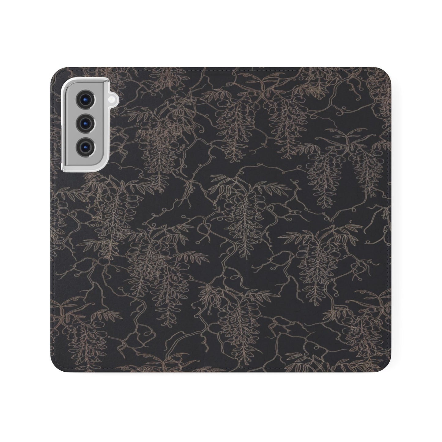 Botanical Noir Flip Phone Case — Dark Floral Wallet Cover with Card Slots