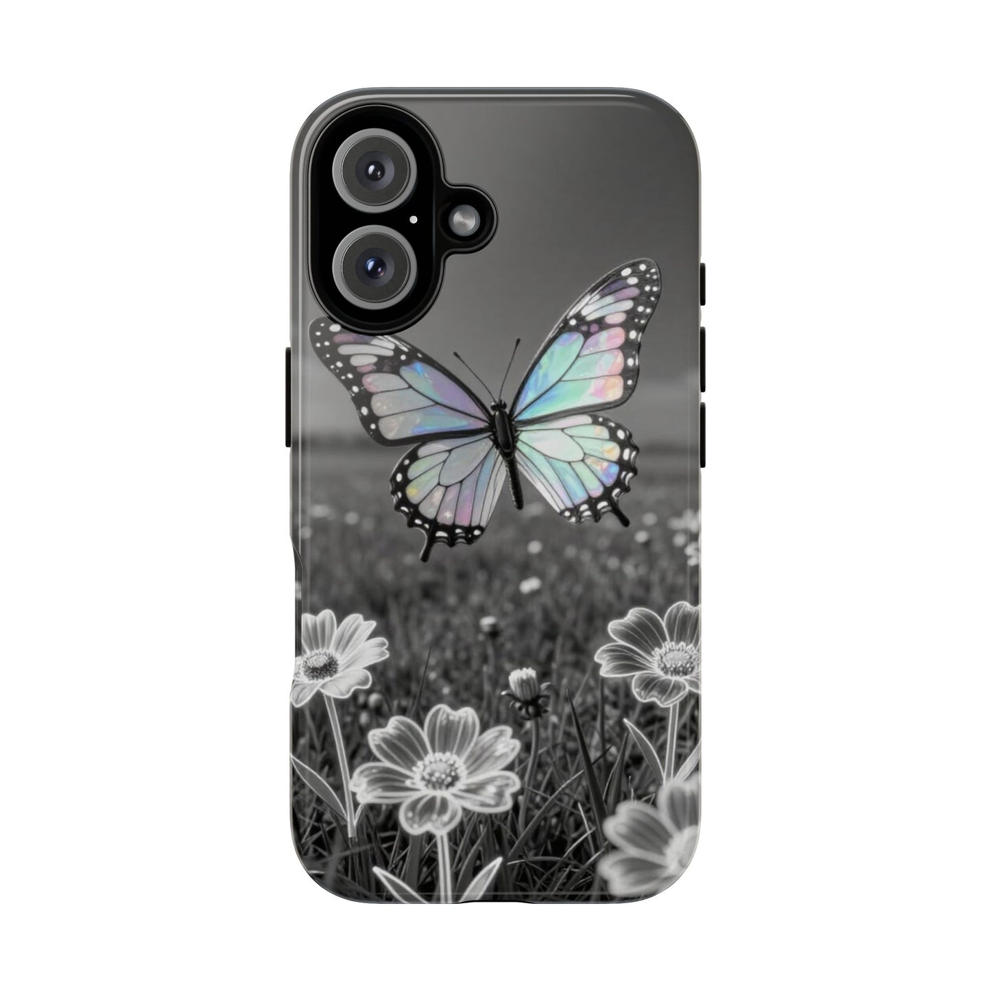Butterfly Field Tough Phone Case — Pastel Holographic Butterfly on Black & White Floral Background
