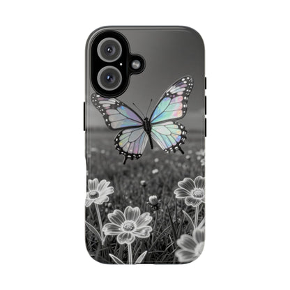 Butterfly Field Tough Phone Case — Pastel Holographic Butterfly on Black & White Floral Background