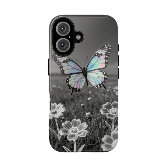 Butterfly Field Tough Phone Case — Pastel Holographic Butterfly on Black & White Floral Background