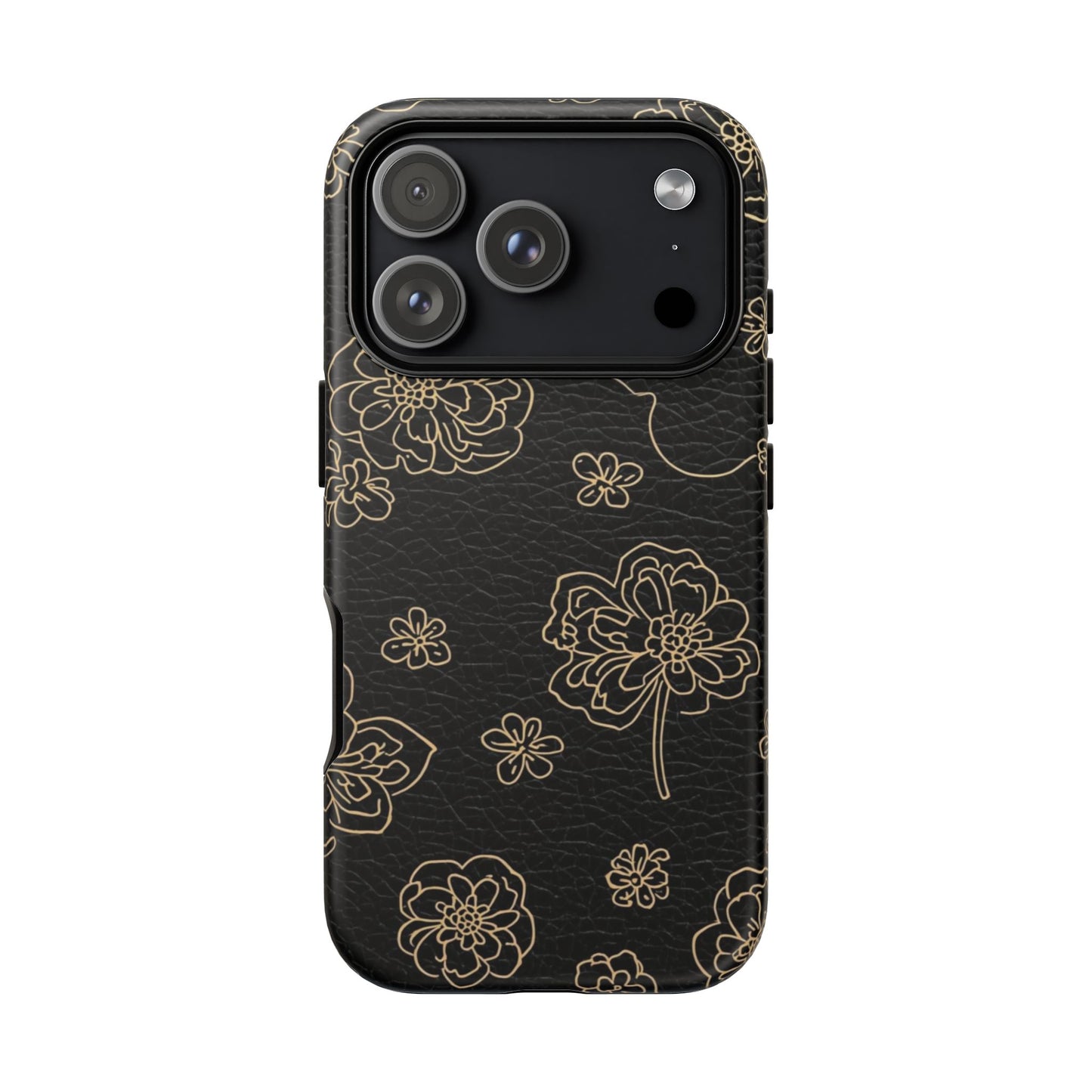 Floral Leather-Texture Tough Case – Black Gold Outline Phone Cover