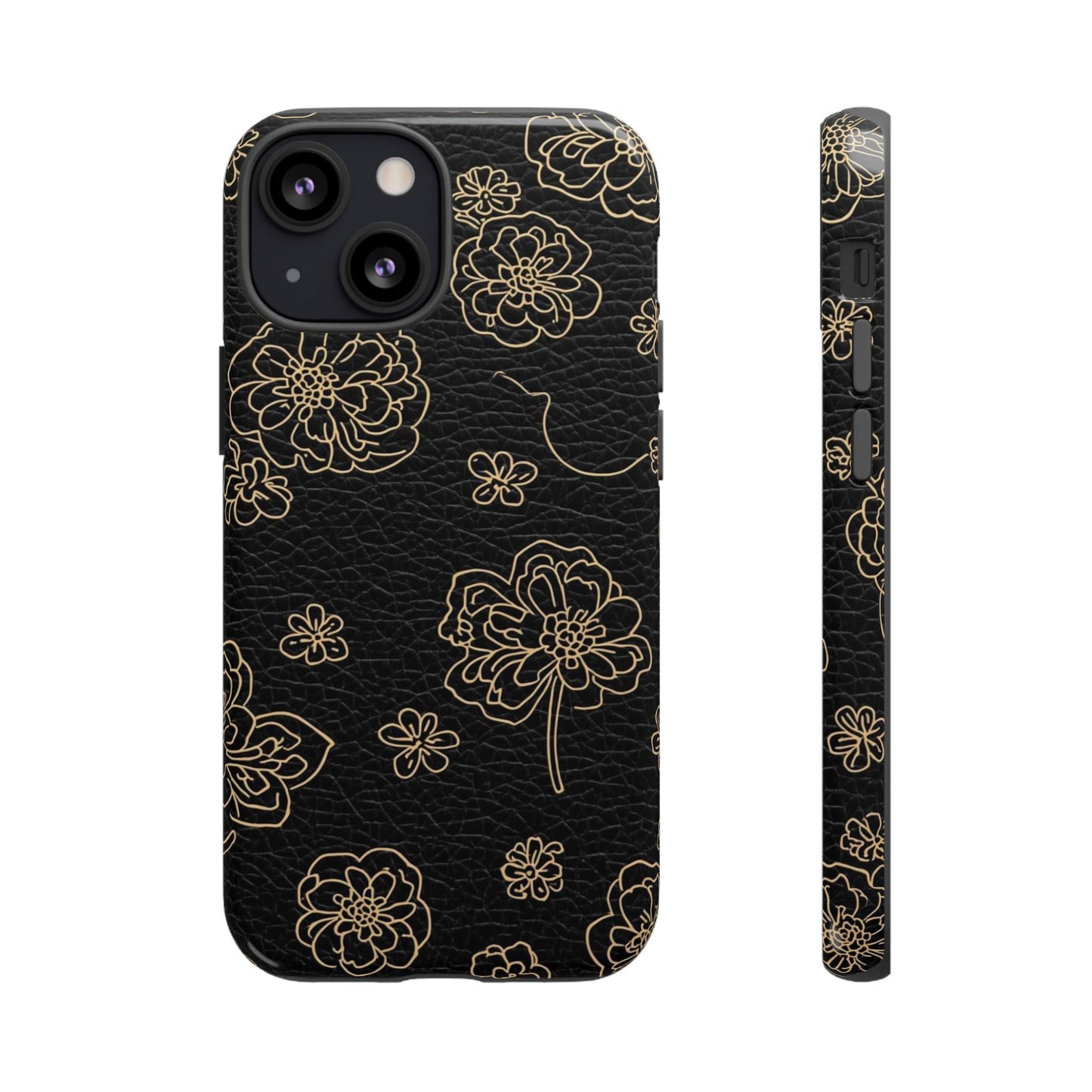 Floral Leather-Texture Tough Case – Black Gold Outline Phone Cover