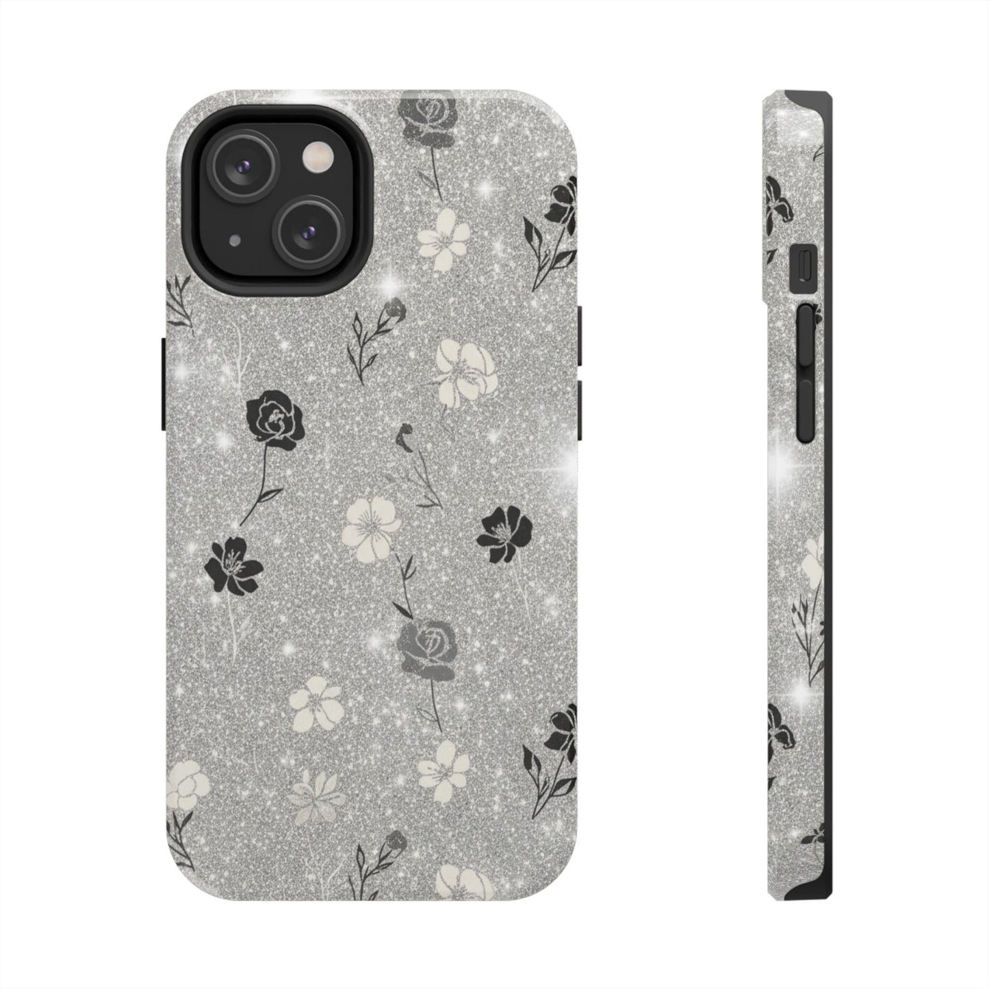 Floral Glitter Tough Phone Case — Black & Silver Vintage Flower Protective Cover