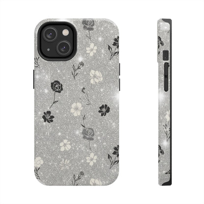 Floral Glitter Tough Phone Case — Black & Silver Vintage Flower Protective Cover