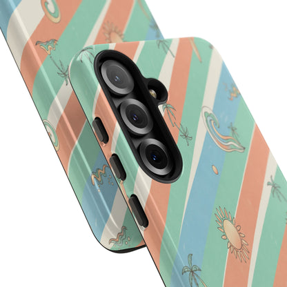 Retro Beach Stripes Phone Case — Sun, Waves & Palm Pattern Tough Case