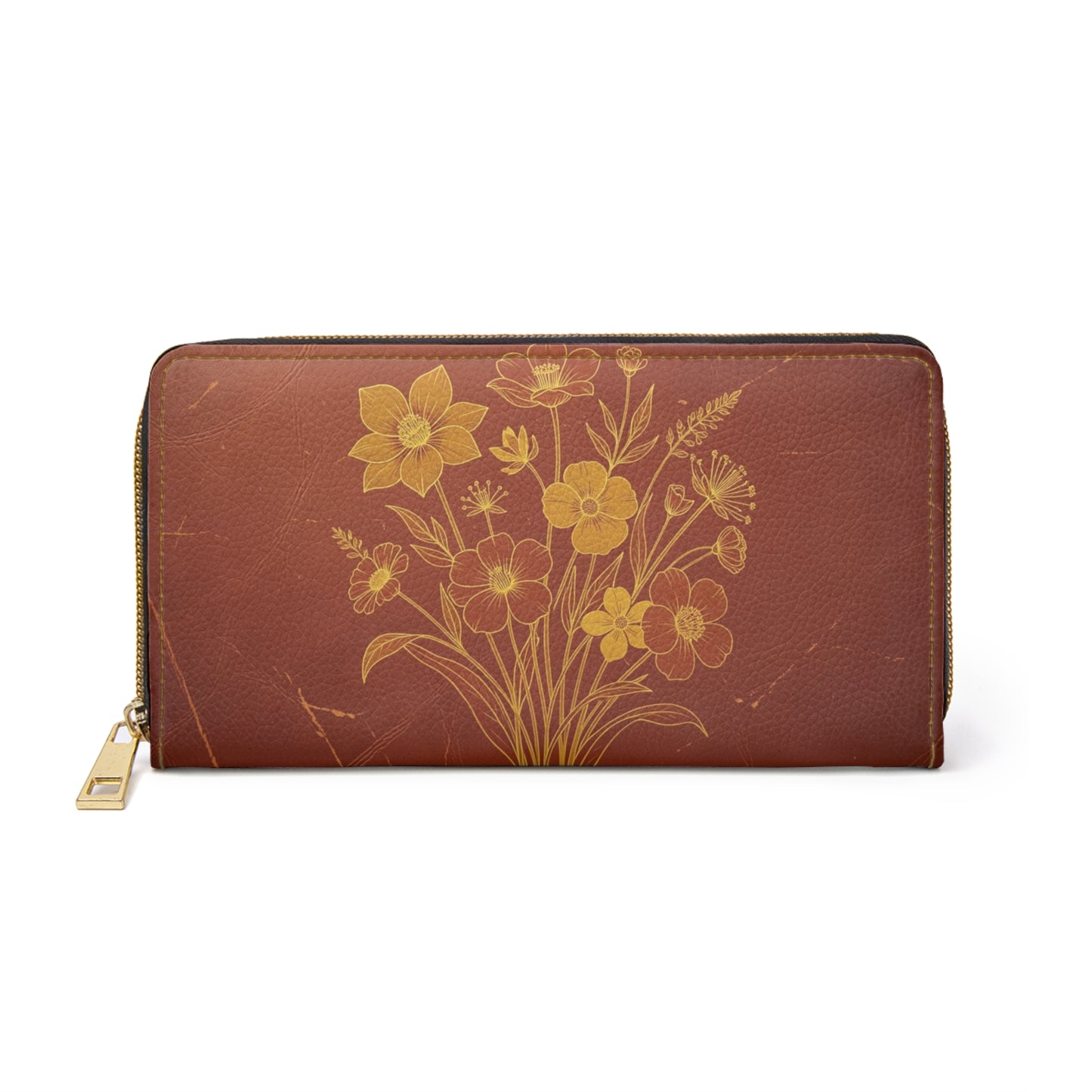 Floral Bouquet Zipper Wallet — Vintage Brown Leather Card & Coin Organizer