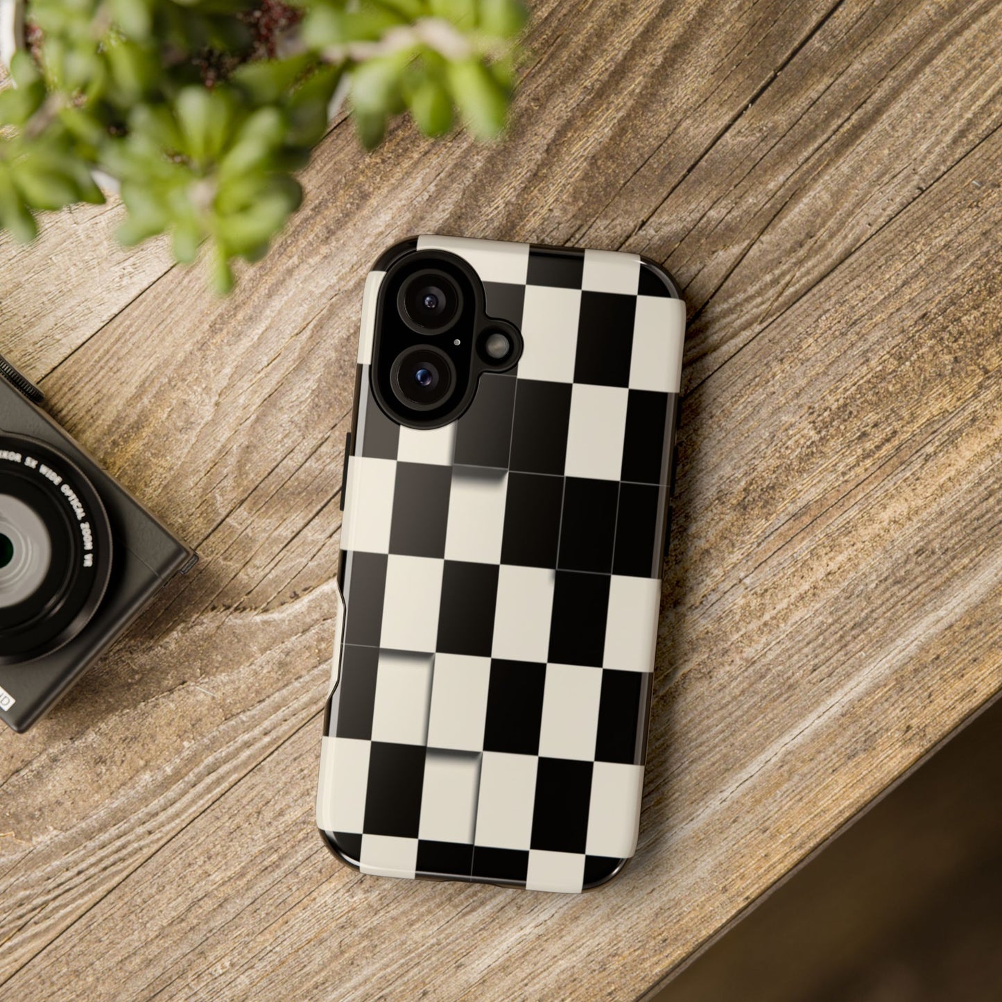 Checkerboard Tough Phone Case — Classic Black & Cream Grid Protective Cover