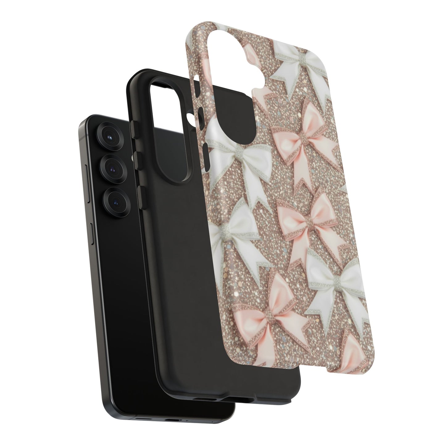 Glitter Bow Tough Phone Case — Pink & White Ribbon Protective Cover