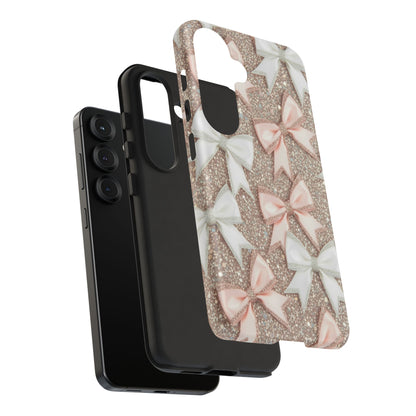 Glitter Bow Tough Phone Case — Pink & White Ribbon Protective Cover