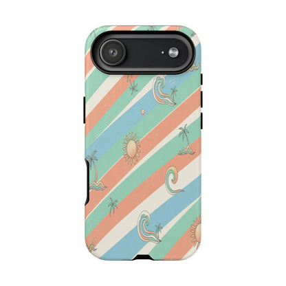 Retro Beach Stripes Phone Case — Sun, Waves & Palm Pattern Tough Case