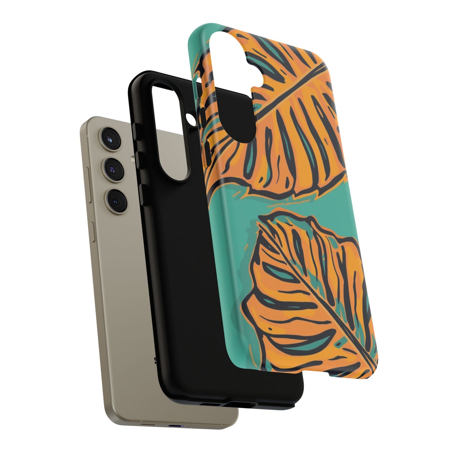 Tropical Leaf Tough Phone Case — Orange Monstera Design on Teal