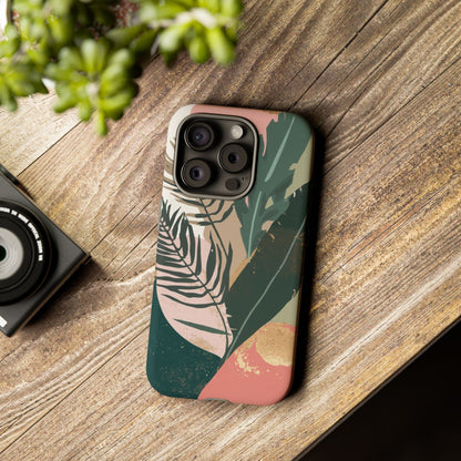 Tropical Leaf Tough Phone Case — Abstract Pink & Green Botanical Protective Cover