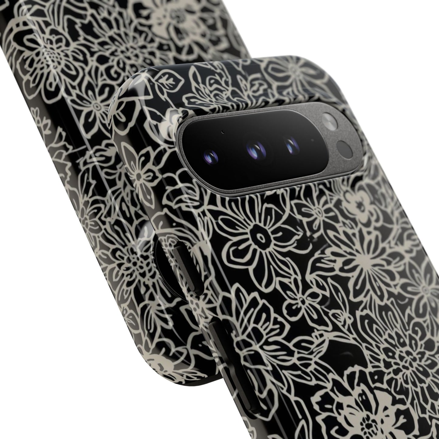 Floral Doodle Tough Phone Case — Black & White Sketch Flower Protective Cover
