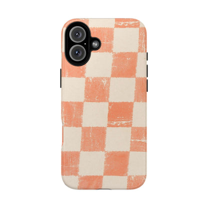 Peach Checkerboard Tough Phone Case — Retro Distressed Grid Design