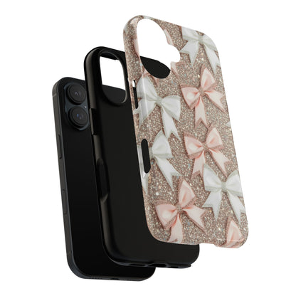 Glitter Bow Tough Phone Case — Pink & White Ribbon Protective Cover