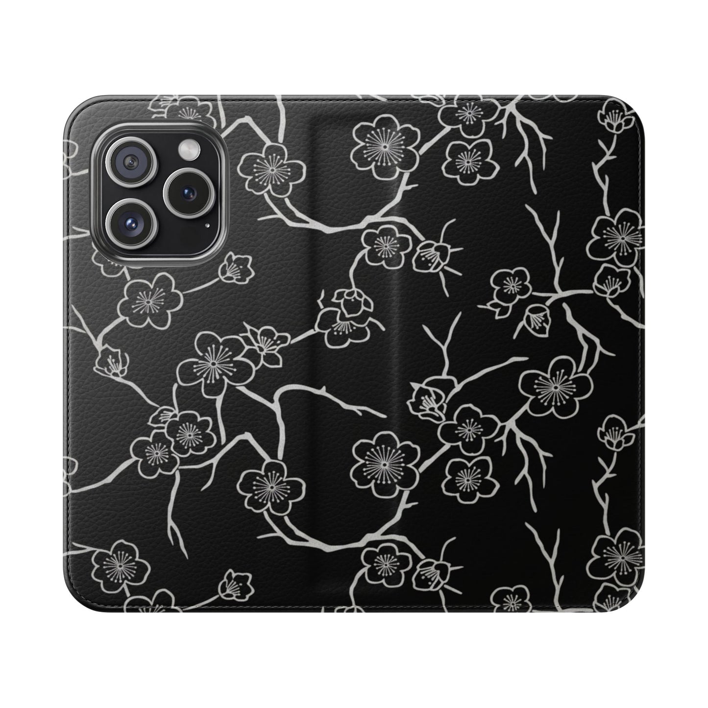 Black Cherry Blossom Flip Phone Case – Floral Wallet Flip Case with Card Slots