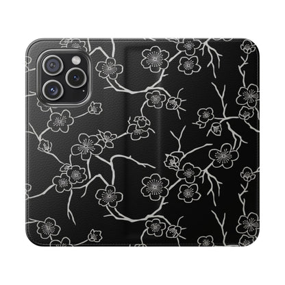 Black Cherry Blossom Flip Phone Case – Floral Wallet Flip Case with Card Slots